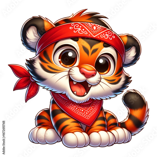 Bandana-Wearing Tiger Cub's Adventure: An adorable cartoon tiger cub, adorned with a red bandana, radiates a spirit of adventure and charm with its captivating expression.