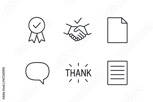 simple outline stroke icon isolated on white background: acknowledgment handshake mark paper sheet speech bubble thank icon note line