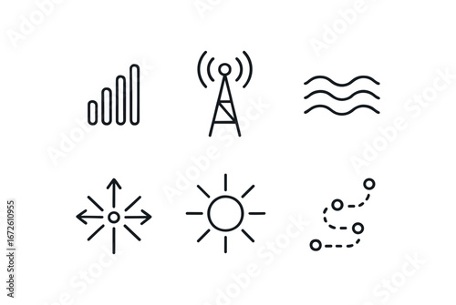 simple outline stroke icon isolated on white background: signal antenna mast wave lines arrow burst light glow dot path