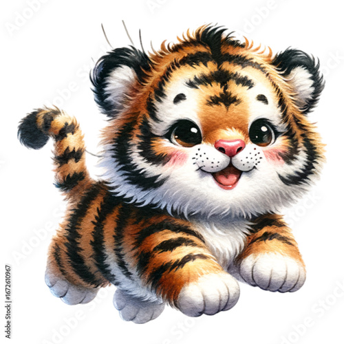 Adorable Tiger Cub: A cute and cuddly tiger cub, with striking orange and black stripes, leaps with joyful energy, exuding an aura of playful charm.