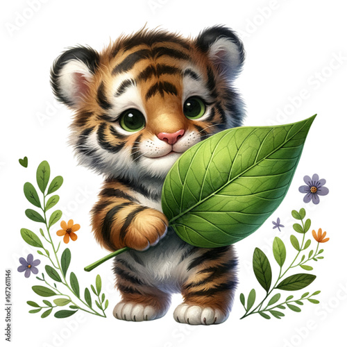 Whimsical Cub and the Leaf: An adorable tiger cub cradles a vibrant green leaf, surrounded by delicate foliage and blossoms. A captivating illustration of nature's sweet embrace and innocence.