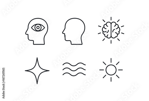 simple outline stroke icon isolated on white background: consciousness head profile brain glow spark wave lines aura mark