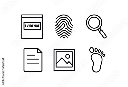 simple outline stroke icon isolated on white background: evidence fingerprint icon magnifying glass document sheet photo frame trace mark