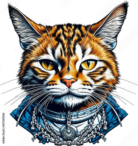 Stylish Cat Portrait: A cool cat with a sophisticated demeanor, showcased in a graphic style, dressed in a fashionable jacket and chain, emanating an air of confidence and cool attitude.