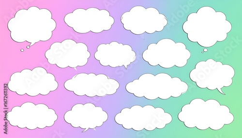 Diverse cloud shapes with cartoon outlines over pastel color background