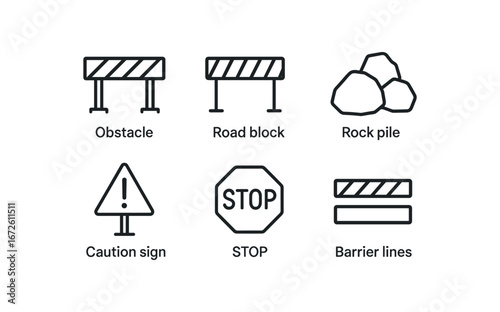 simple outline stroke icon isolated on white background: obstacle road rock pile caution sign stop mark barrier lines