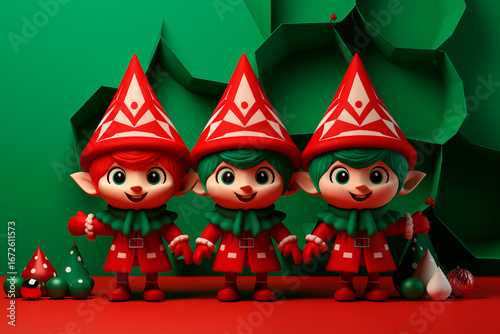 Three small Christmas elves smiling with a cheerful and festive attitude, concept of fantasy, celebration, holiday spirit, tradition, magic, and Christmas decoration illustration