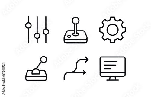simple outline stroke icon isolated on white background: control joystick icon gear mark lever arrow path screen lines