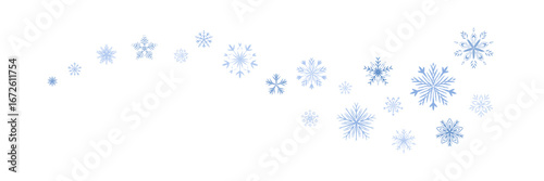 Hand drawn crayon blue silver snow flake filigree wave. Winter snowfall swirl border. Merry Christmas and Happy New Year divider. Pencil falling snowflake trail. Festive pattern ornament