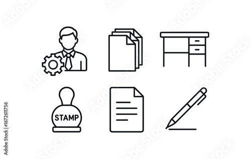 simple outline stroke icon isolated on white background: administration file stack desk icon stamp mark document page pen lines