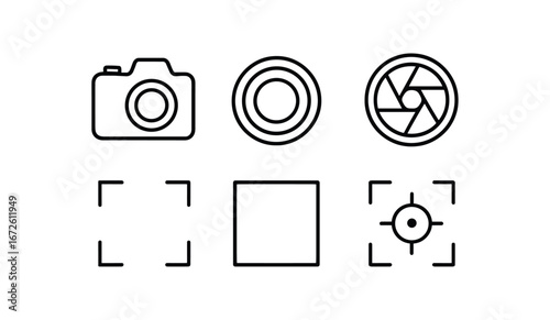simple outline stroke icon isolated on white background: capture camera lens shutter click focus mark frame box dot