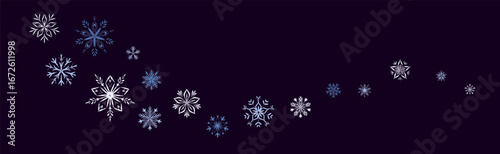 Merry Christmas and Happy New Year festive background win hand drawn crayon blue, shite and silver sow flakes on dark night evening background. Fancy snowflake swirl border. Snowfall whimsical wave