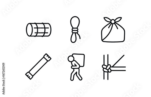 simple outline stroke icon isolated on white background: bundle rope tie cloth wrap stick pack carried load knot edge