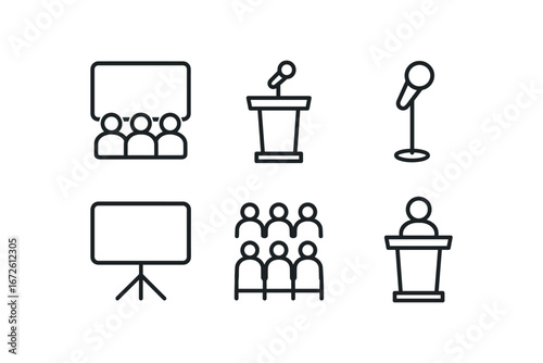 simple outline stroke icon isolated on white background: conference podium stand mic icon big screen rows of chairs speaker figure