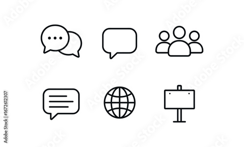 simple outline stroke icon isolated on white background: forum speech bubble people icons chat lines globe mark post board
