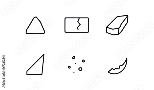 simple outline stroke icon isolated on white background: fragment cracked slab stone piece sharp edge dust bits chipped mark