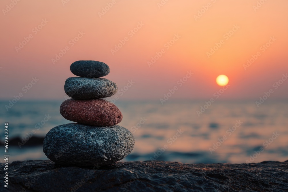 Fototapeta premium Stacked stones at sunrise over calm ocean waves and warm sky