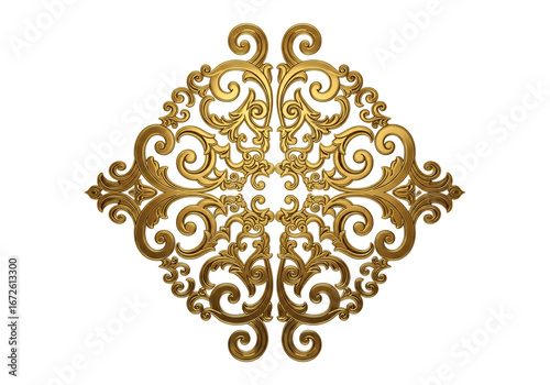 Ornate golden design with intricate swirls and patterns on a transparent background. The design features a symmetrical shape, ideal for decorative purposes.
