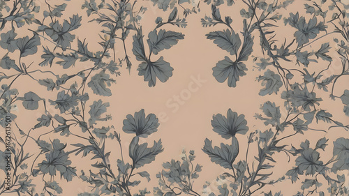 Classic hand-drawn floral illustration featuring a symmetrical arrangement of wildflowers creating a delicate, romantic frame