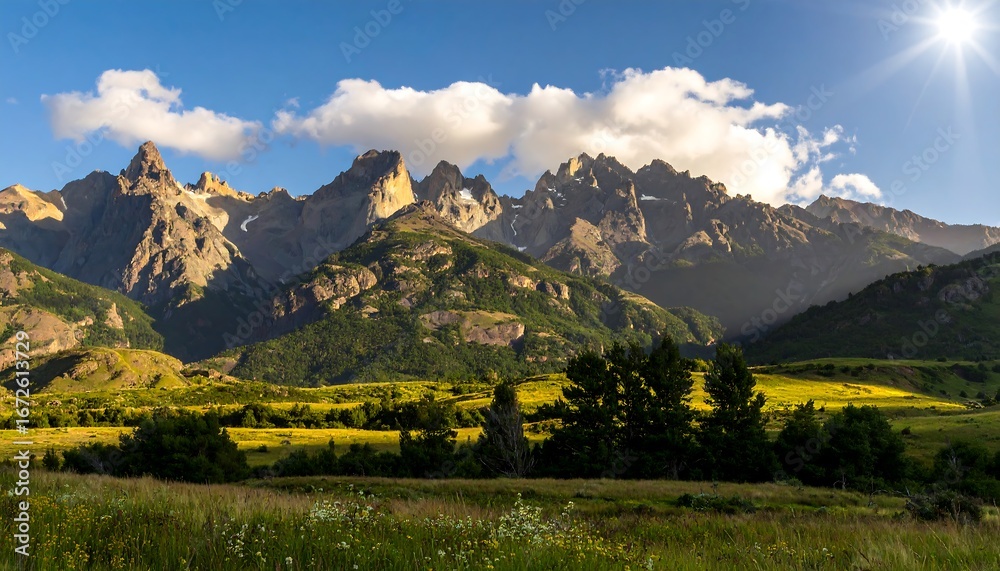 Naklejka premium A serene vista of a valley nestled amongst towering mountains, bathed in the golden light of a sunny day.