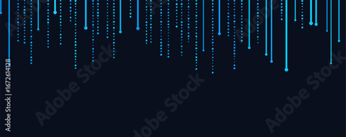Abstract vector tech background with vertical blue lines and dots on dark surface.