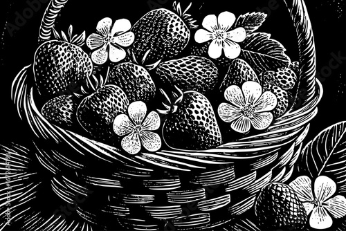 basket filled with strawberries decorated with flowers, charming organic arrangement, elegant still life black and white sketch