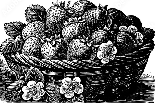basket filled with strawberries decorated with flowers, charming organic arrangement, elegant still life black and white sketch