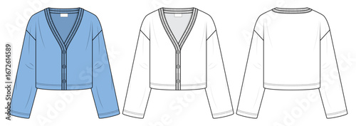 Women's Cardigan flat sketch. Technical fashion illustration Cropped knit Cardigan. V-neck, long sleeve, button front, CAD template with front and back view.