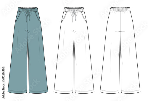Wide leg elastic waist drawstring Pants flat sketch. Technical fashion illustration Trousers, oversize, elastic waistband, white, women, men, unisex, CAD template with front and back view.