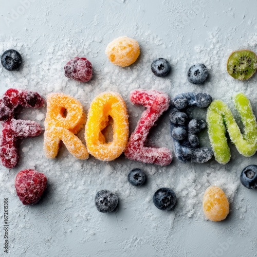 Colorful frozen fruits arranged in creative text design on frosty background