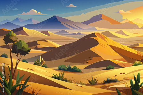 The view of Iran's Lut desert with golden sand dunes and some small desert bushes in the foreground, morning light and a clear sky, a natural and documentary composition, a view of life in the heart 