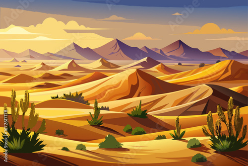 The view of Iran's Lut desert with golden sand dunes and some small desert bushes in the foreground, morning light and a clear sky, a natural and documentary composition, a view of life in the heart 