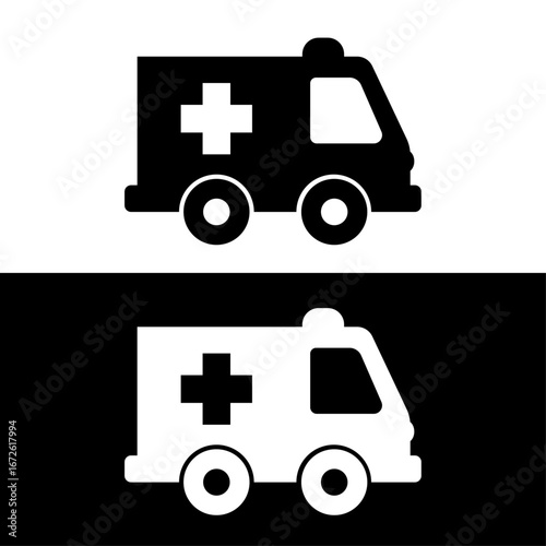 Simple flat icon of an ambulance with a red cross on white background.ai