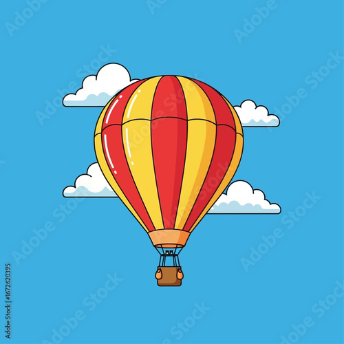 A vibrant hot air balloon soars through a clear blue sky dotted with fluffy white clouds.