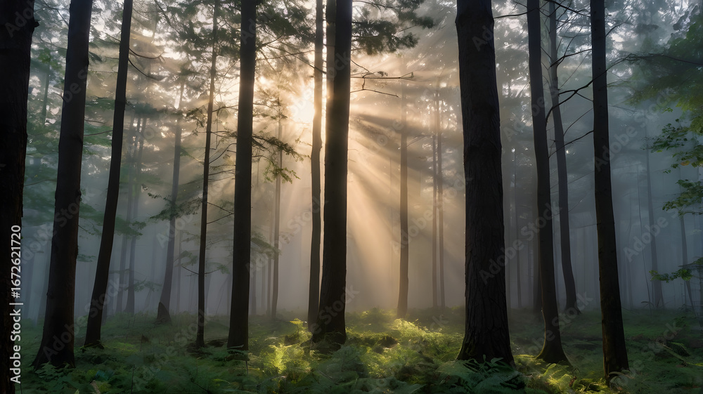 Fototapeta premium Golden sun rays illuminating the misty air in an enchanting, peaceful green forest during an early morning sunrise