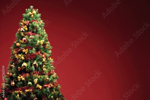 A vibrant Christmas tree stands tall against a rich, deep red backdrop.