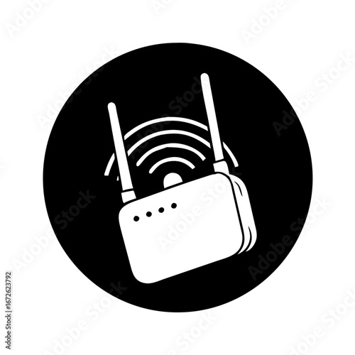 Black circle icon with a white illustration of a wireless router with antennas and signal waves icon