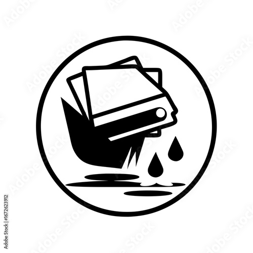 Black and white icon of wet paper sheets falling into water icon