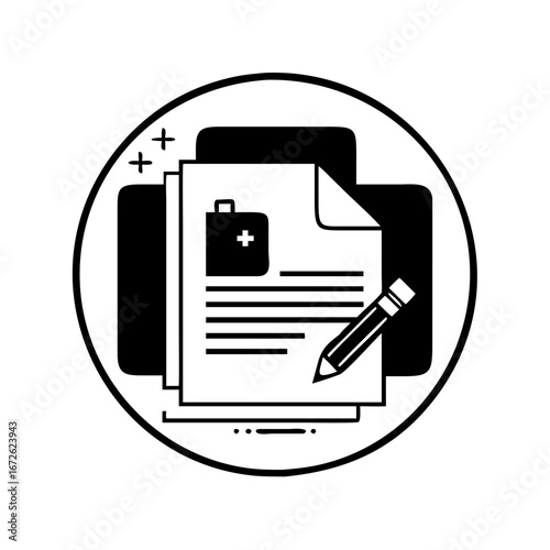 Circular icon of a medical document being printed and edited icon