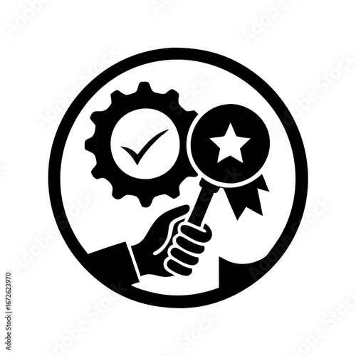 Hand holding a magnifying glass over a gear with a checkmark and a ribbon with a star, symbolizing quality assurance and inspection icon