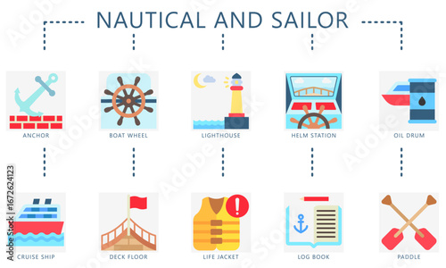 Nautical and sailor flat color icons set. contain anchor, boat wheel, lighthouse, helm station, oil drum, cruise ship, life jacket and more. Vector for UI, UX kit, web and app navy, transportation.