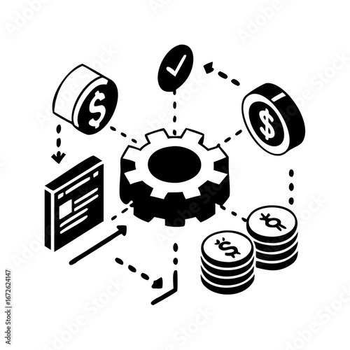 Isometric view of business process with money, data, and gears icon