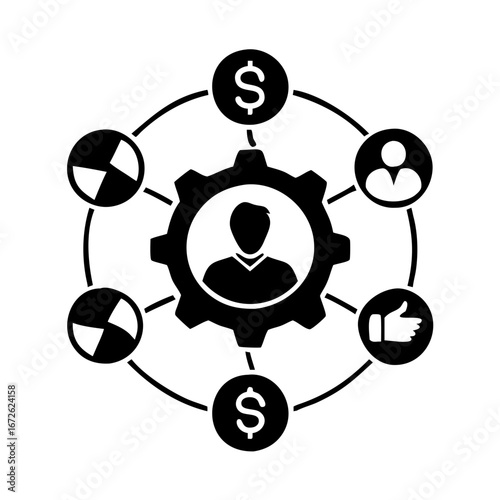 Business concept with people, money, and gears in a circular network icon