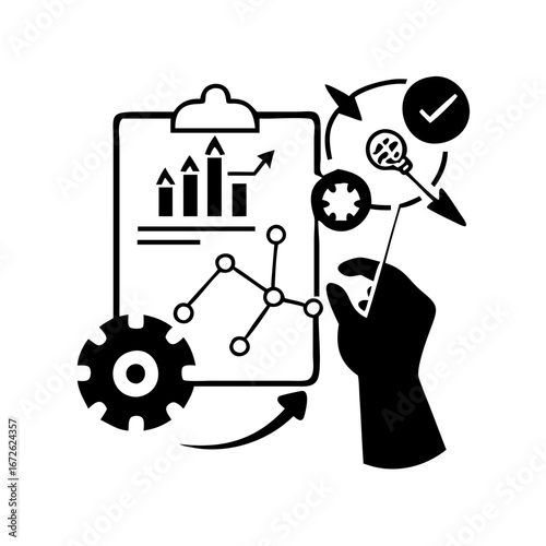 Hand interacting with data analysis and workflow diagram icon