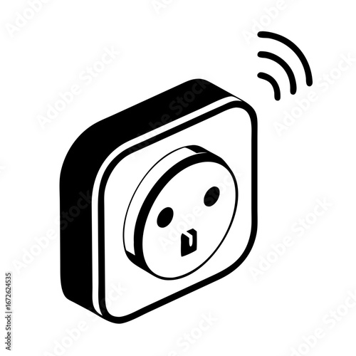 Isometric black icon of a smart wall socket with wifi signal icon