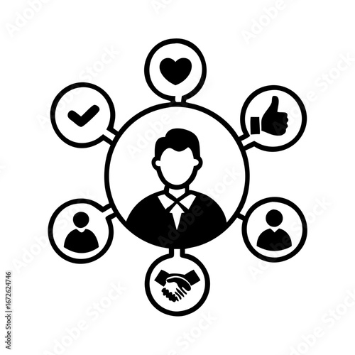 Icon representing a person surrounded by symbols of social interaction, feedback, and connection icon