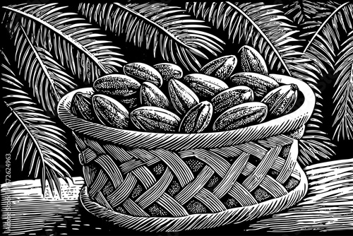 basket holding dates decorated with palm leaves, cultural organic still life, detailed artistic black and white sketch