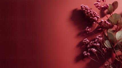 Delicate dried flowers and eucalyptus leaves are arranged on a rich red background, forming a beautiful border with space for text or design elements, creating a stylish and elegant composition