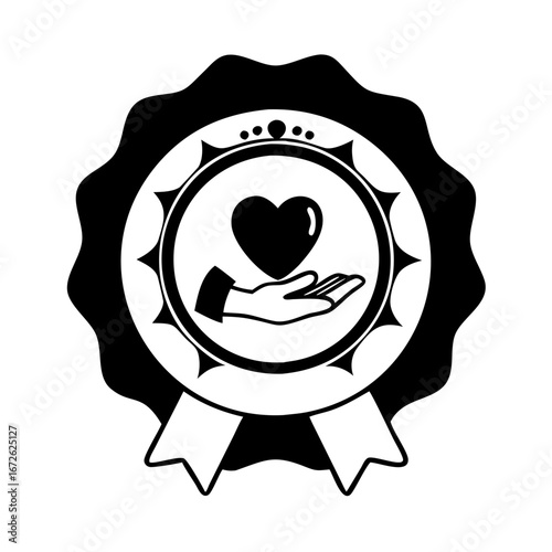 Silhouette of a hand holding a heart within a decorative badge with a ribbon icon