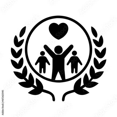 Person with raised arms and heart above, surrounded by two people and laurel wreath icon